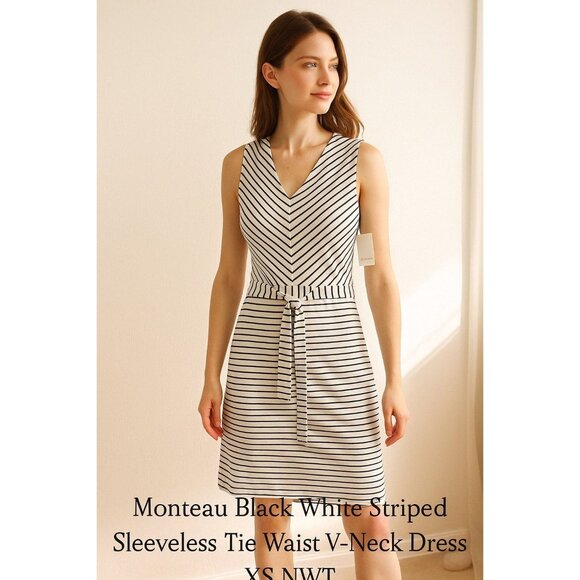 Monteau Black White Striped Sleeveless Tie Waist V-Neck Dress XS NWT - Picture 1 of 11